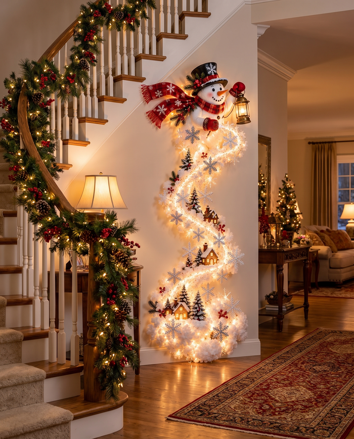 Snowman | Jingle Trail Christmas wall light beside a staircase