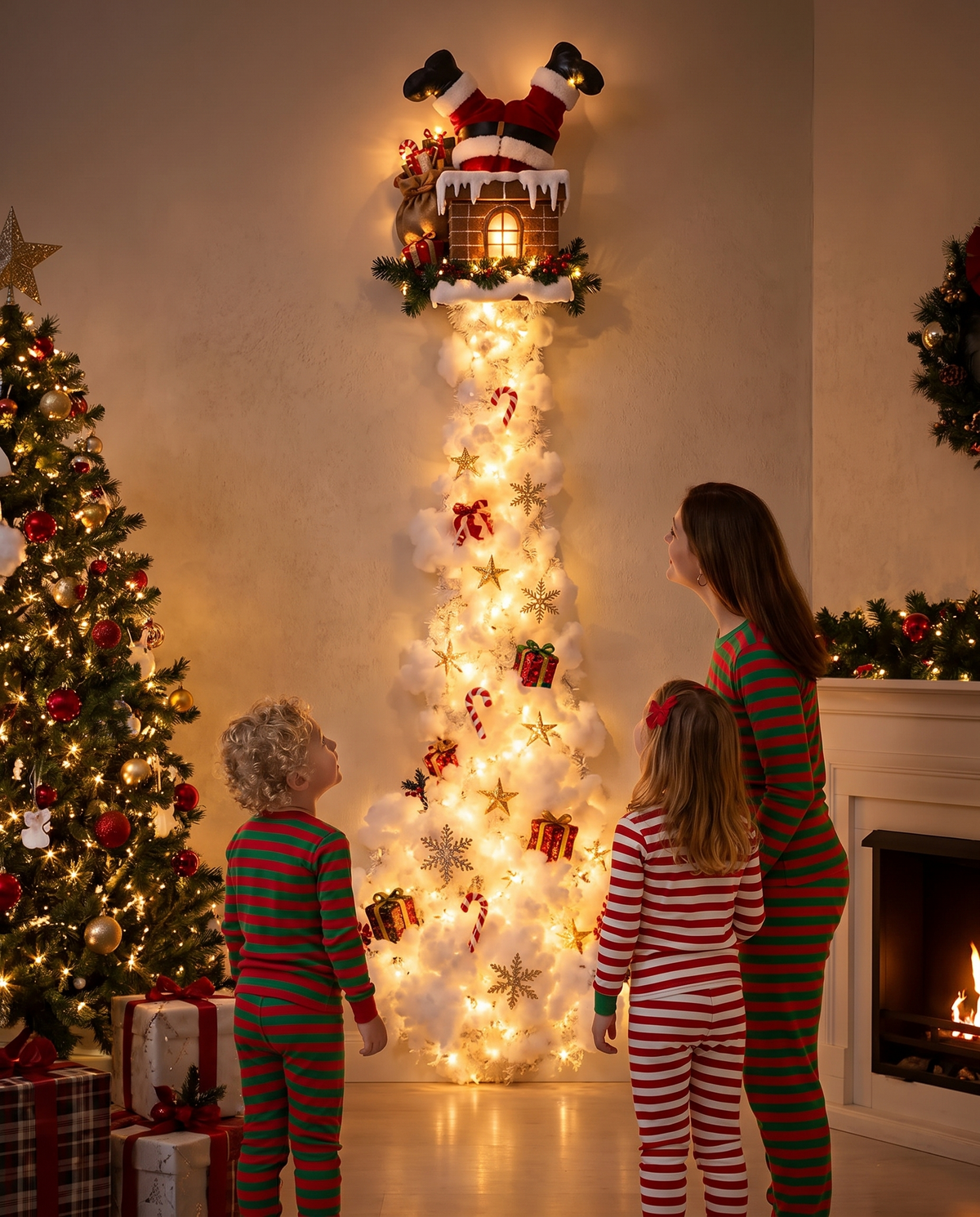 Family admiring the Jingle Trail Christmas wall light