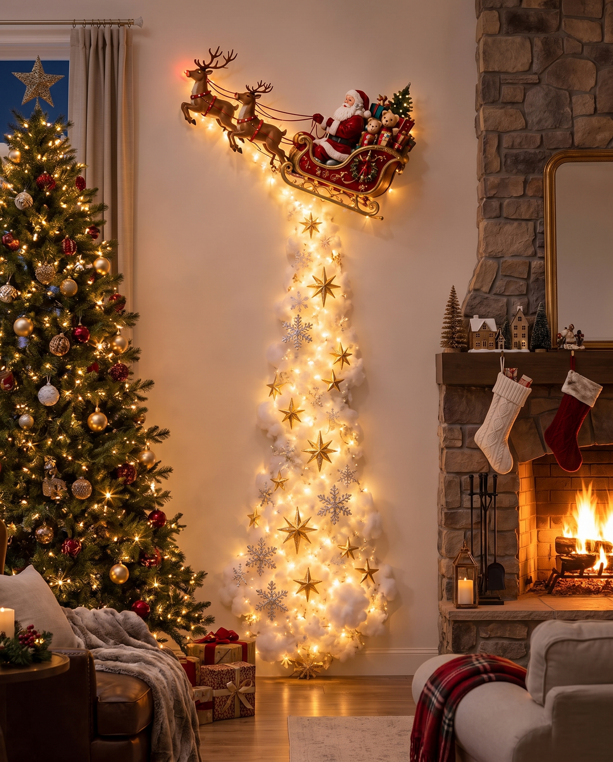 Jingle Trail Christmas wall light in a living room by the fireplace