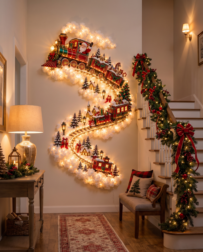 Train | Jingle Trail Christmas wall light beside a staircase
