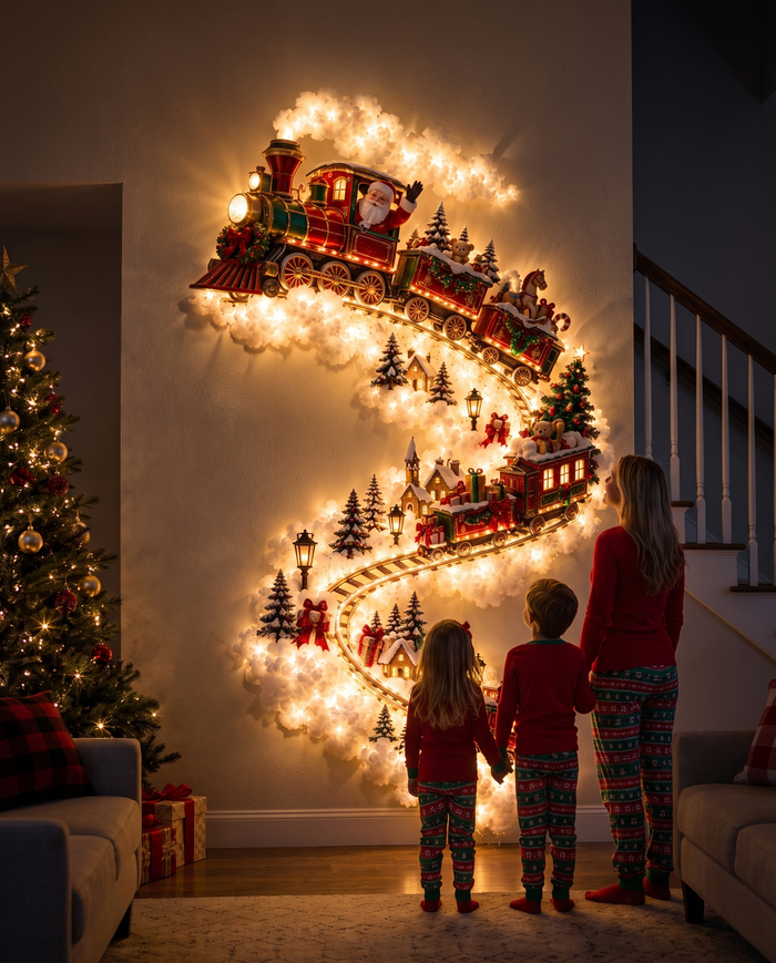 Train | Family admiring the Jingle Trail Christmas wall light