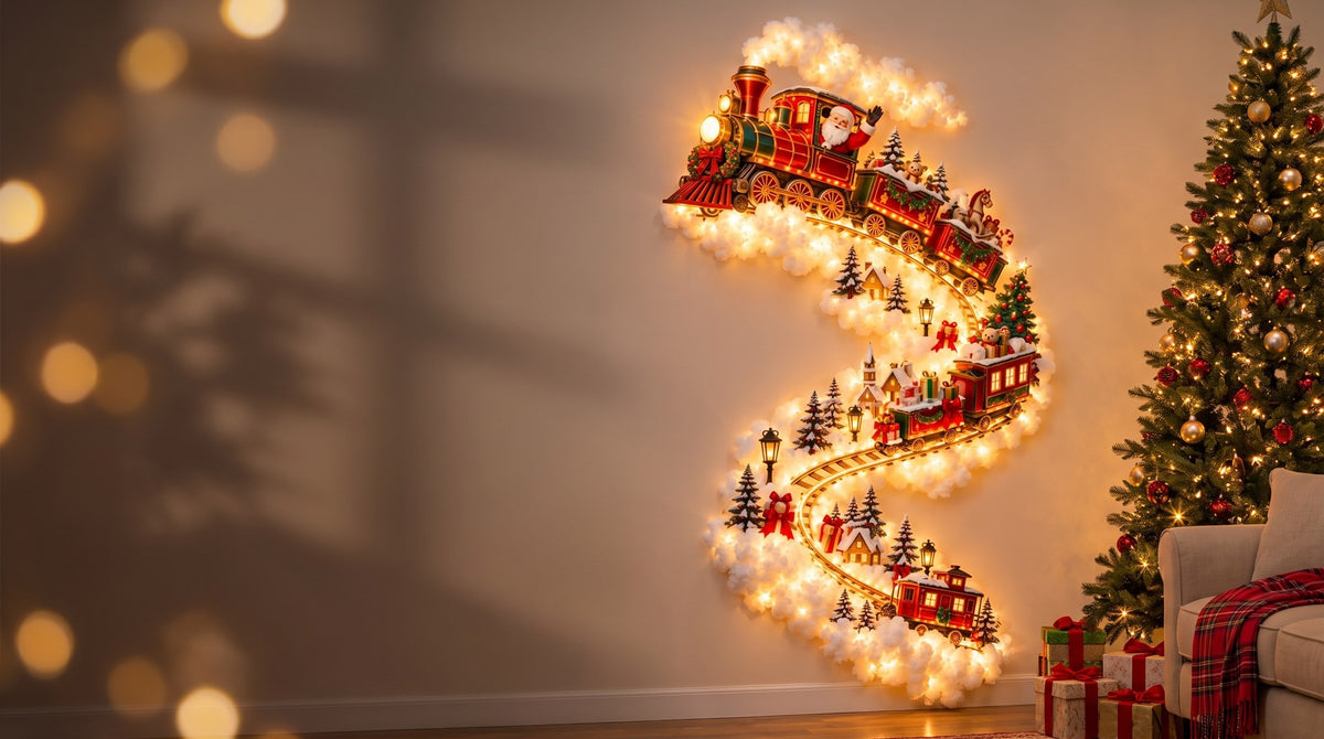 Jingle Trail Christmas train wall light glowing in a cozy living room