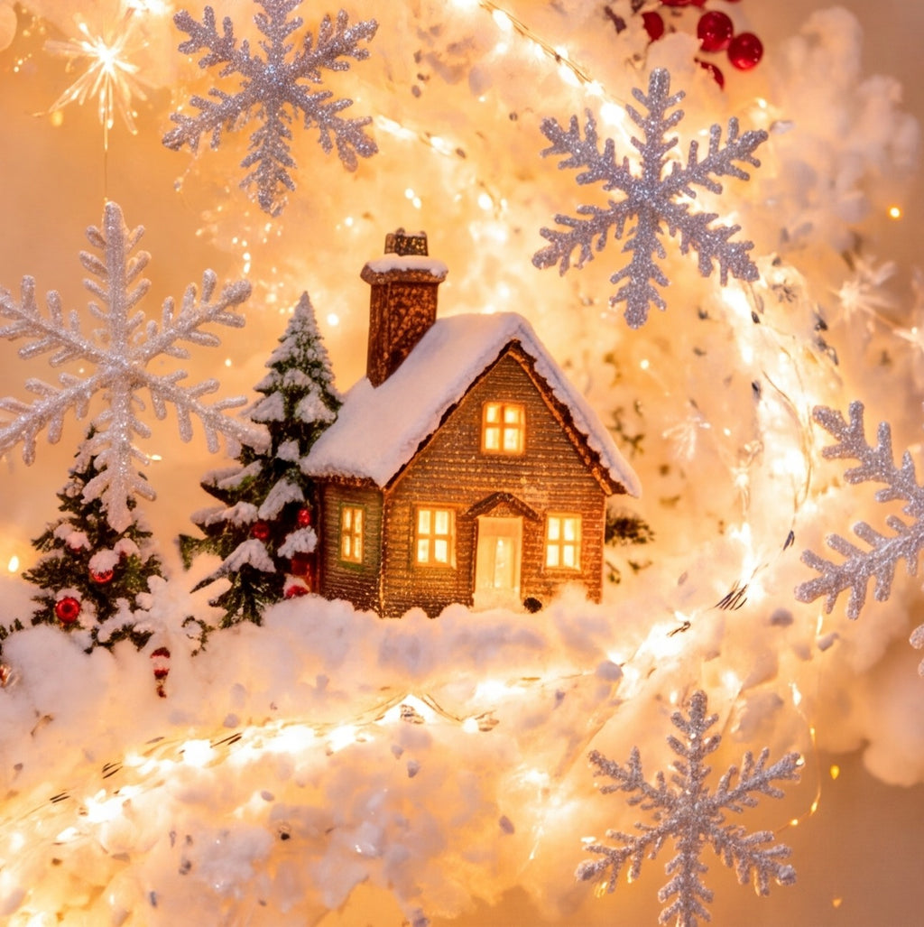Snowman | Close-up of the miniature house and snowflakes