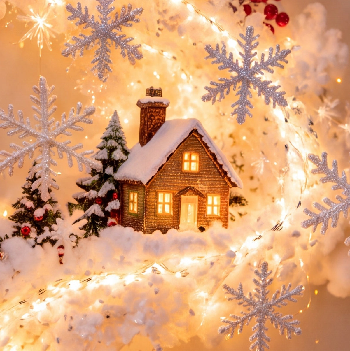 Close-up of the miniature house and snowflakes