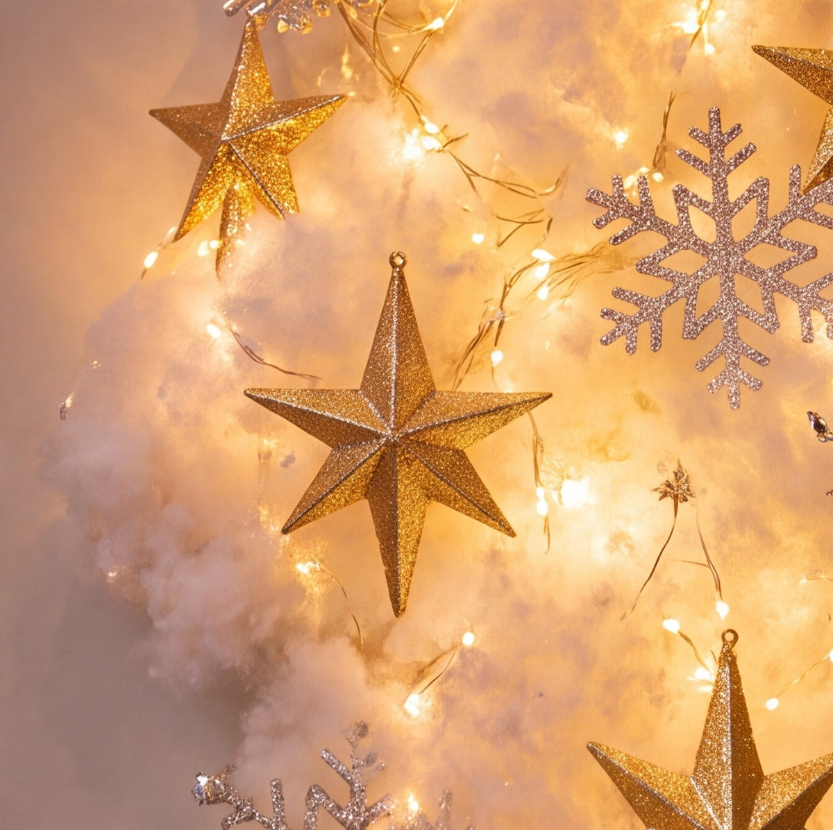 Close-up of the gold stars and warm lights