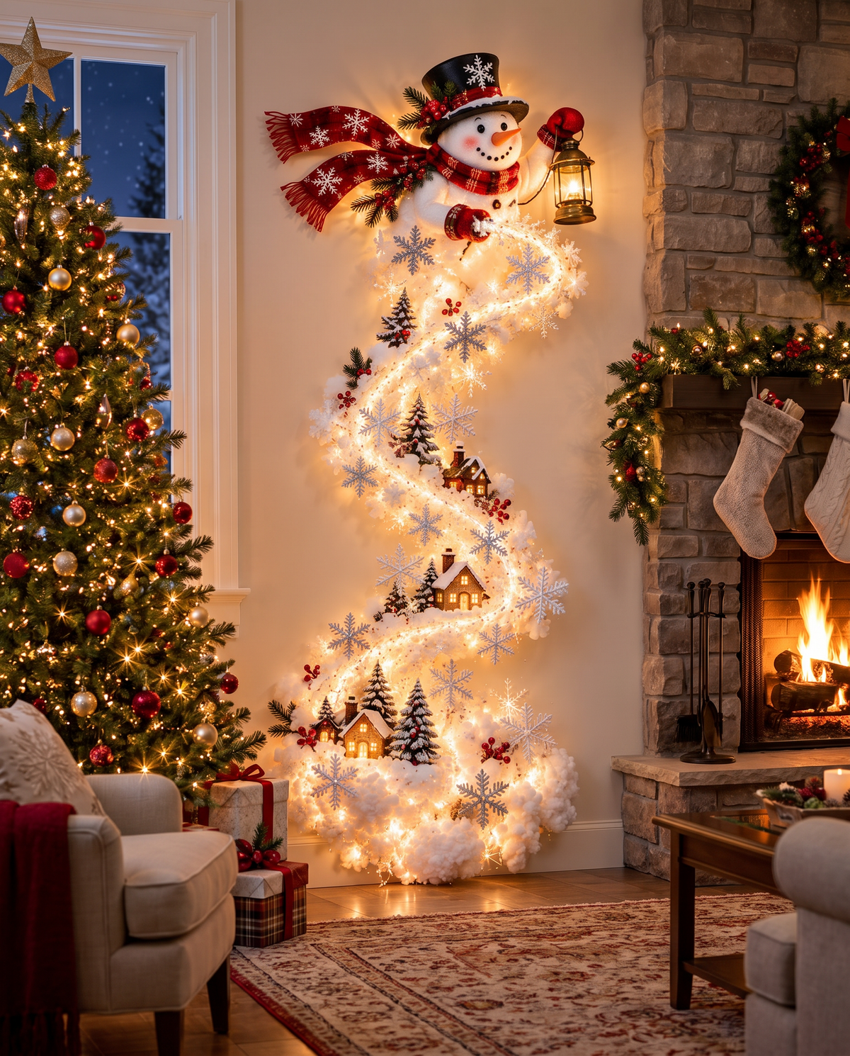 Jingle Trail Christmas wall light in a living room by the fireplace