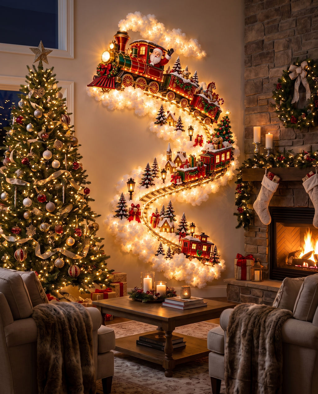 Train | Jingle Trail Christmas wall light in a living room by the fireplace