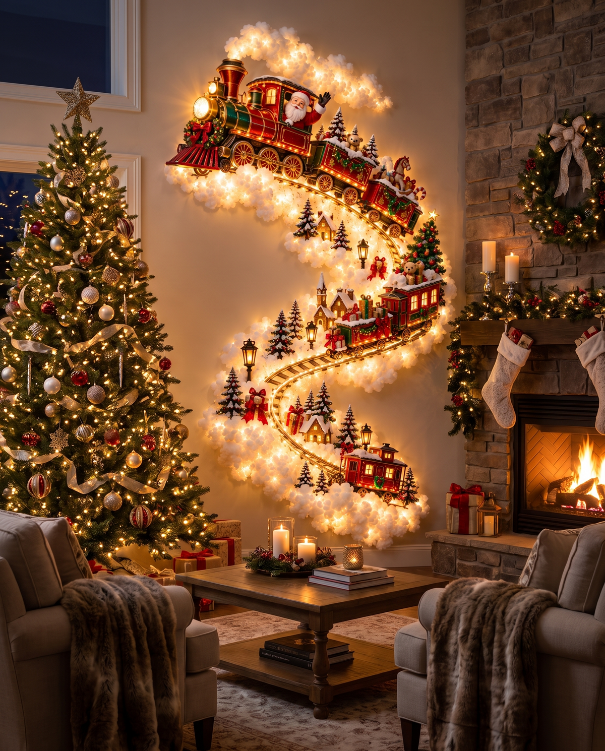 Train | Jingle Trail Christmas wall light in a living room by the fireplace