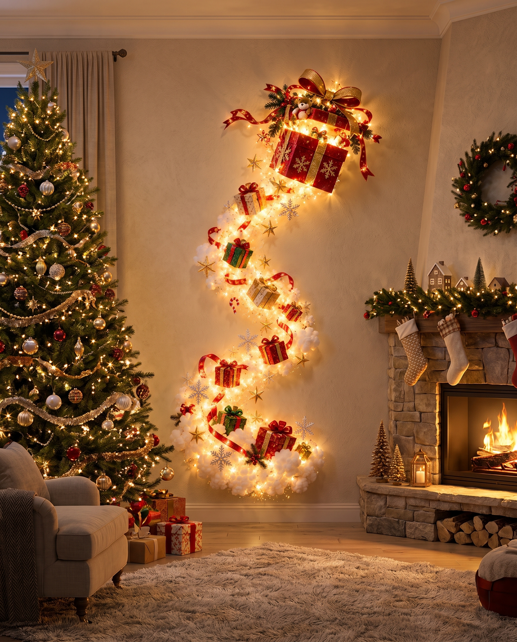 Gifts | Jingle Trail Christmas wall light in a living room by the fireplace
