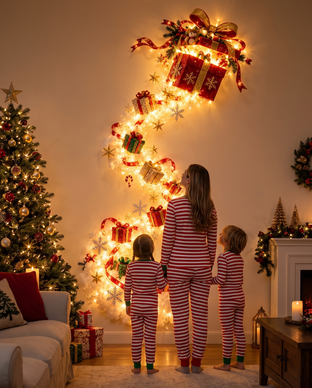 Family admiring the Jingle Trail Christmas wall light