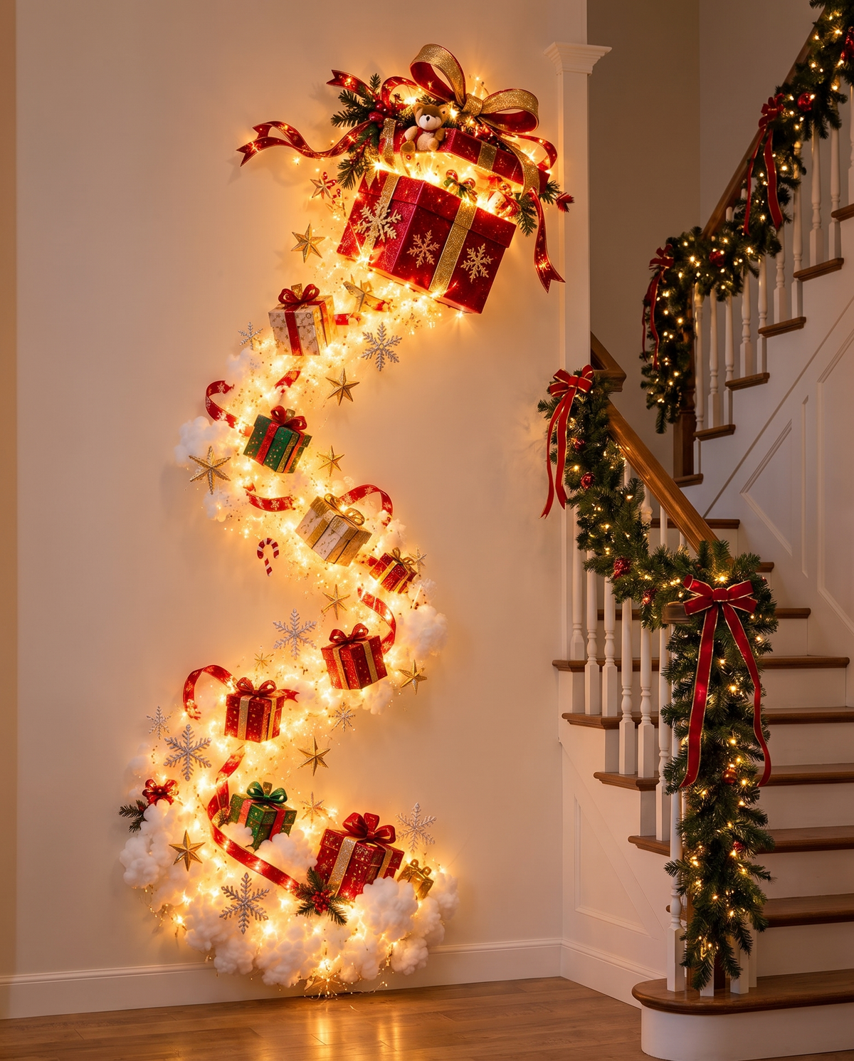 Jingle Trail Christmas wall light beside a staircase