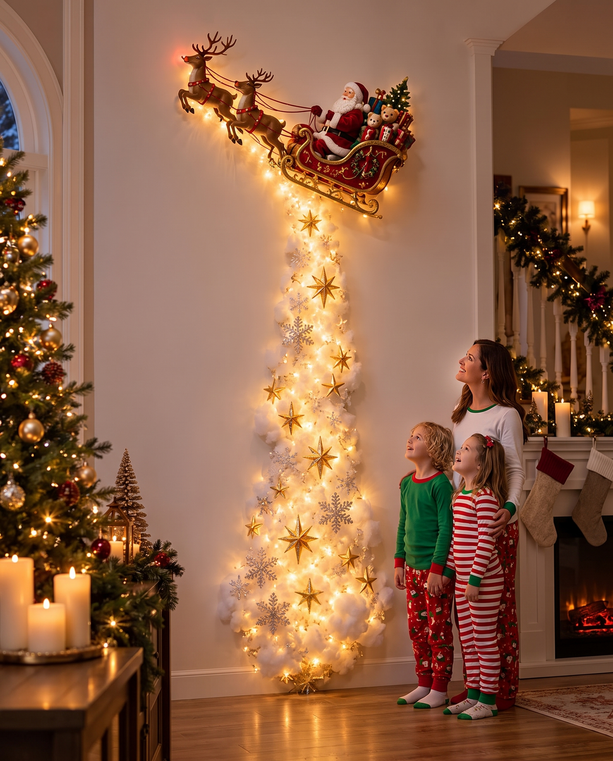 Family admiring the Jingle Trail Christmas wall light